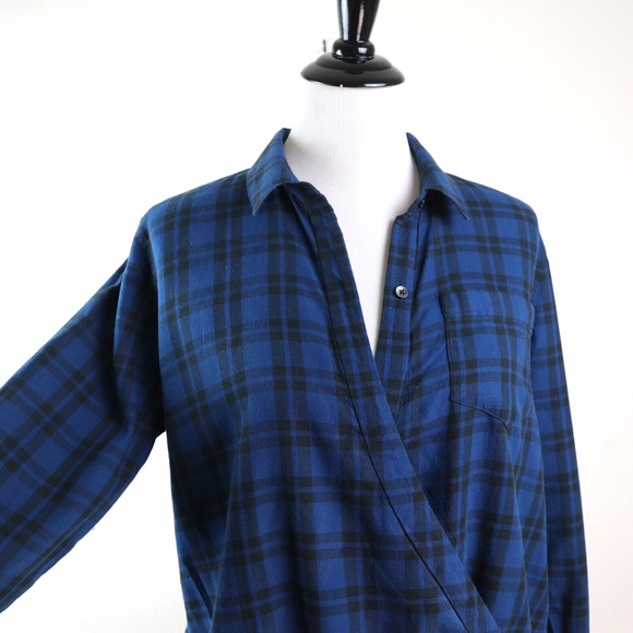 Madewell Size M Wrap-Front Shirt Arion Plaid Collared Blue Black - Picture 9 of 11